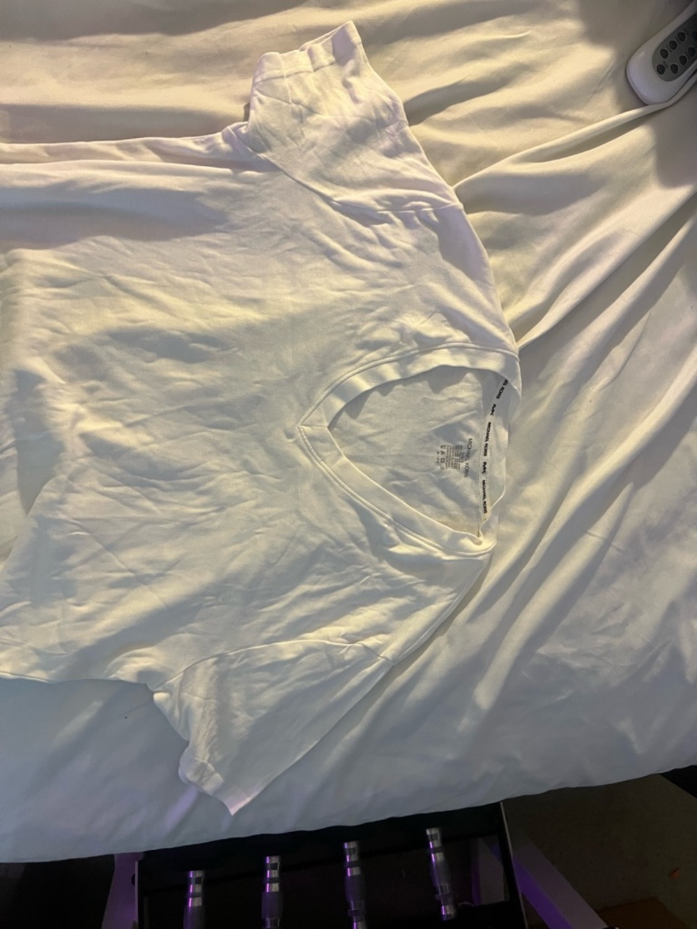 Michael Kors White V-Neck Tee with Logo Neck Trim, Large